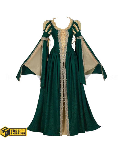 Women Medieval Renaissance Costume Pseudo-two-piece Vintage Renaissance Fair Dress with Wide Sleeves Lace