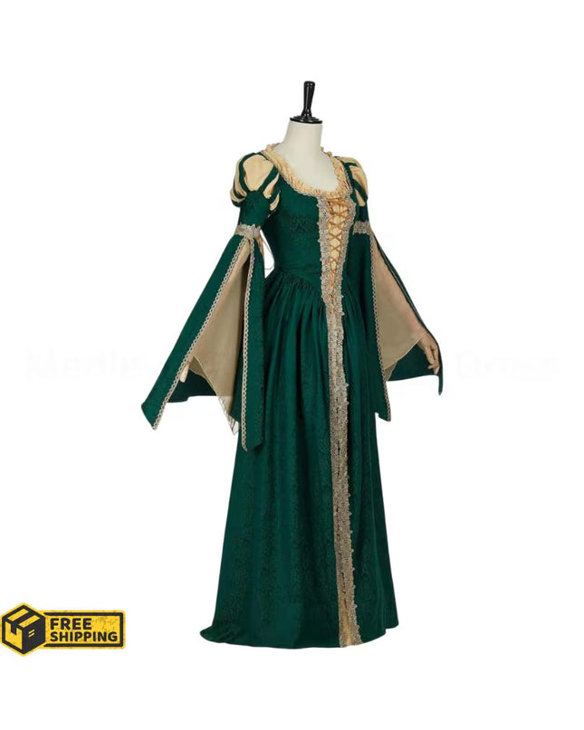 Women Medieval Renaissance Costume Pseudo-two-piece Vintage Renaissance Fair Dress with Wide Sleeves Lace