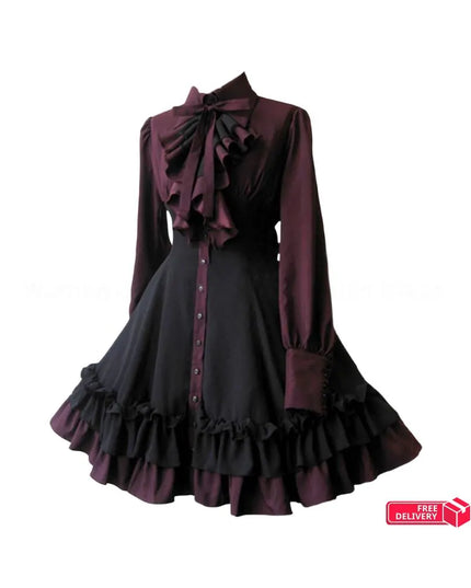 Medieval Retro Gothic Lolita Black Gothic Women Lolita Dresses Bow Collar Pleated Lace Up Goth Vintage Chic Jurken Dress