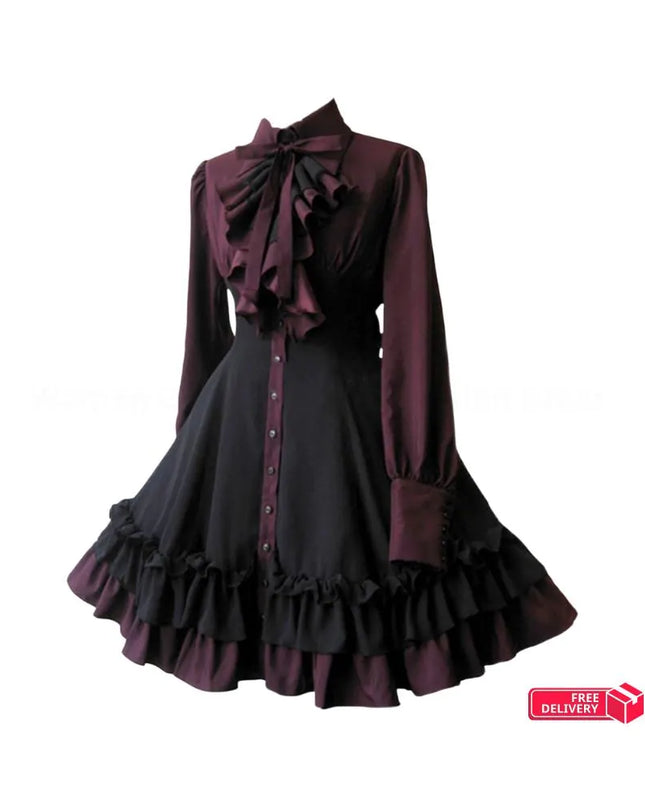 Medieval Retro Gothic Lolita Black Gothic Women Lolita Dresses Bow Collar Pleated Lace Up Goth Vintage Chic Jurken Dress