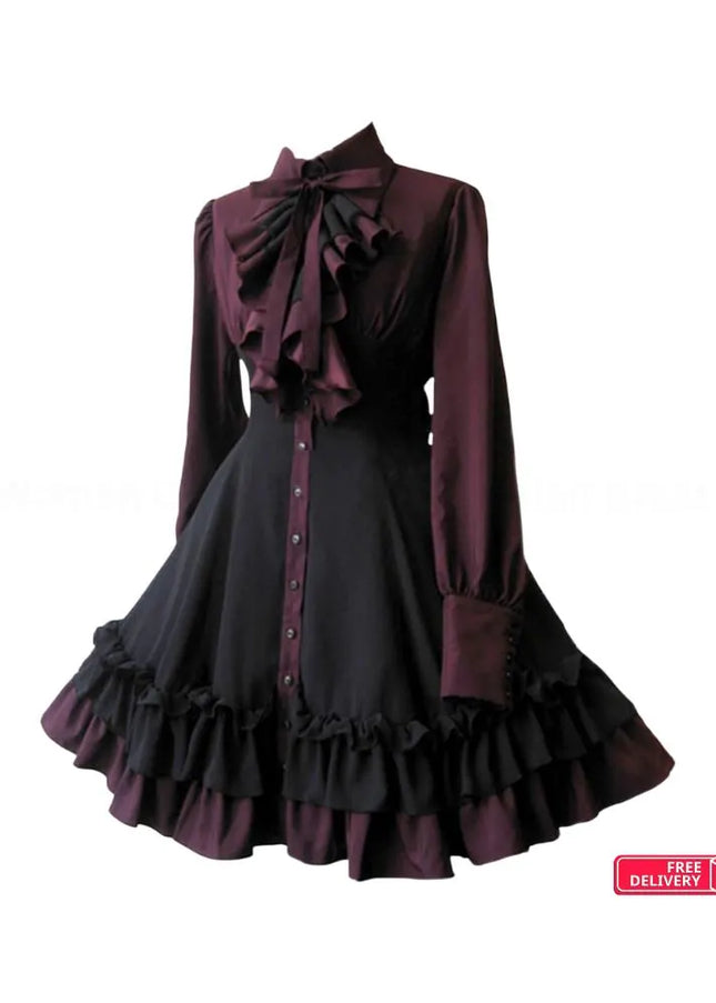 Medieval Retro Gothic Lolita Black Gothic Women Lolita Dresses Bow Collar Pleated Lace Up Goth Vintage Chic Jurken Dress