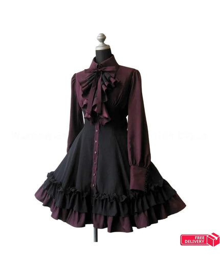 Medieval Retro Gothic Lolita Black Gothic Women Lolita Dresses Bow Collar Pleated Lace Up Goth Vintage Chic Jurken Dress