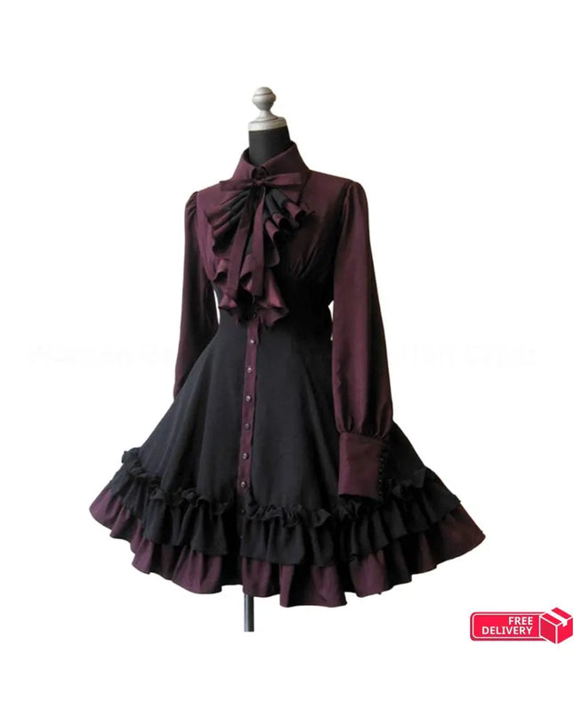 Medieval Retro Gothic Lolita Black Gothic Women Lolita Dresses Bow Collar Pleated Lace Up Goth Vintage Chic Jurken Dress