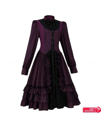 Medieval Retro Gothic Lolita Black Gothic Women Lolita Dresses Bow Collar Pleated Lace Up Goth Vintage Chic Jurken Dress