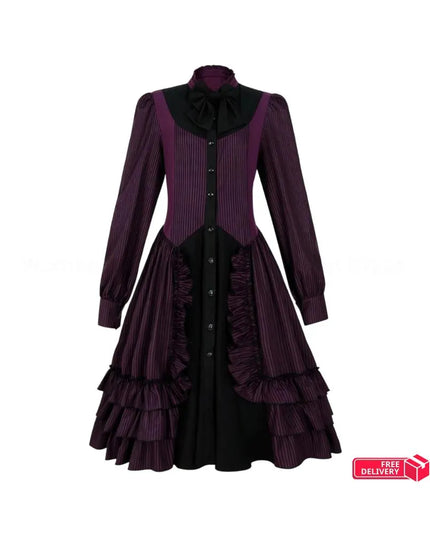 Medieval Retro Gothic Lolita Black Gothic Women Lolita Dresses Bow Collar Pleated Lace Up Goth Vintage Chic Jurken Dress