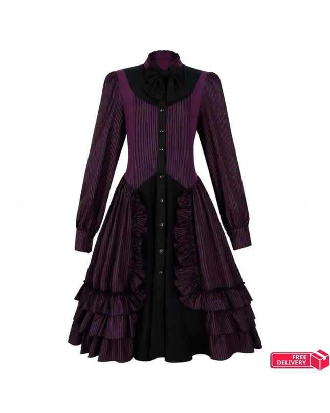 Medieval Retro Gothic Lolita Black Gothic Women Lolita Dresses Bow Collar Pleated Lace Up Goth Vintage Chic Jurken Dress