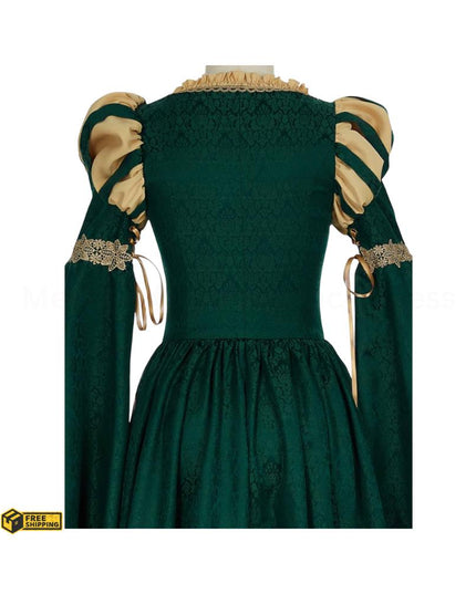 Women Medieval Renaissance Costume Pseudo-two-piece Vintage Renaissance Fair Dress with Wide Sleeves Lace