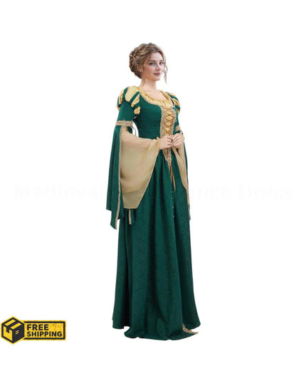 Women Medieval Renaissance Costume Pseudo-two-piece Vintage Renaissance Fair Dress with Wide Sleeves Lace