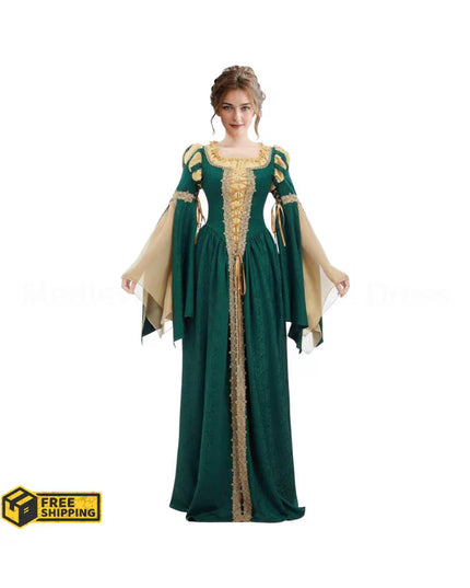 Women Medieval Renaissance Costume Pseudo-two-piece Vintage Renaissance Fair Dress with Wide Sleeves Lace