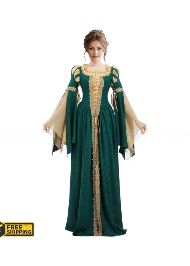 Women Medieval Renaissance Costume Pseudo-two-piece Vintage Renaissance Fair Dress with Wide Sleeves Lace