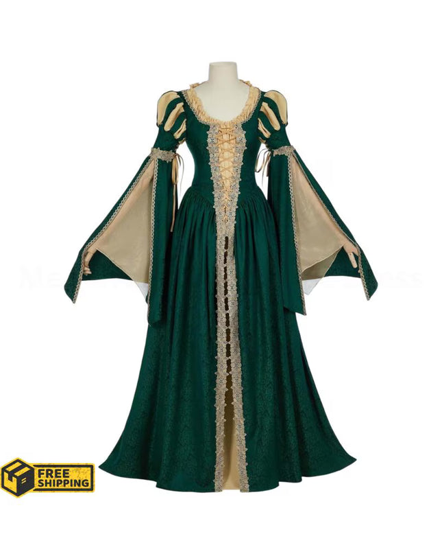 Women Medieval Renaissance Costume Pseudo-two-piece Vintage Renaissance Fair Dress with Wide Sleeves Lace