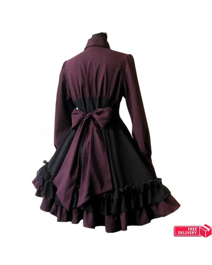 Medieval Retro Gothic Lolita Black Gothic Women Lolita Dresses Bow Collar Pleated Lace Up Goth Vintage Chic Jurken Dress